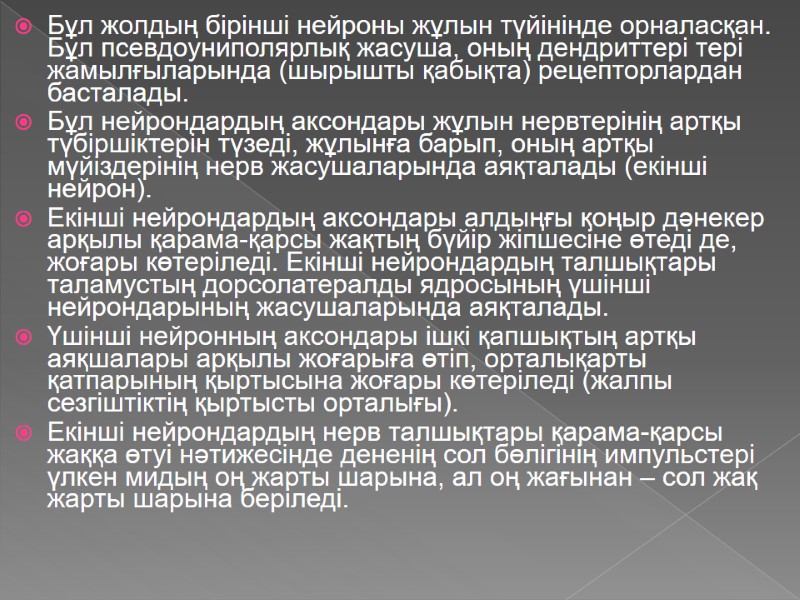 Бұл жолдың бірінші нейроны жұлын түйінінде орналасқан. Бұл псевдоуниполярлық жасуша, оның дендриттері тері жамылғыларында